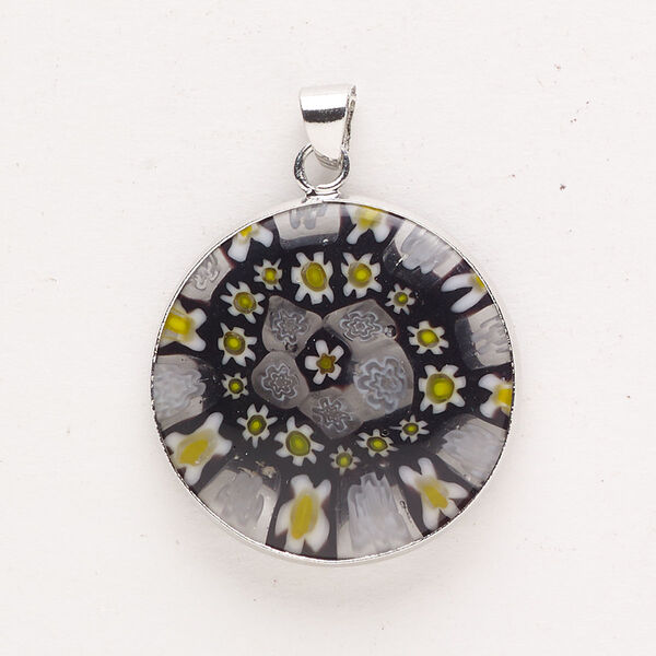 Pendant, "pewter" (zinc-based alloy) and millefiori glass, pkg/1, silver finish and mixed colors, 25mm round. image number 0
