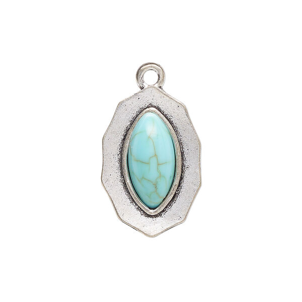 Drop, antique silver-finished "pewter" (zinc-based alloy) and "turquoise" (resin) (imitation), turquoise blue, 23x15mm single-sided marquise. Sold per pkg of 4. image number 0