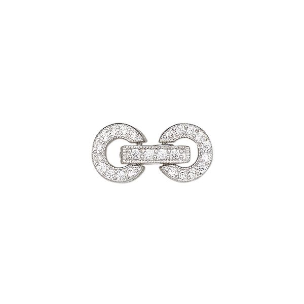 Clasp, fold-over, cubic zirconia and rhodium-plated brass, clear, 16x8.5mm double donut. Sold individually. image number 0