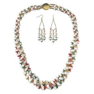 Necklace and earring set, One of a Kind Jewelry, gold-plated brass and glass, white and multicolored, 21-inch necklace. Only one available.