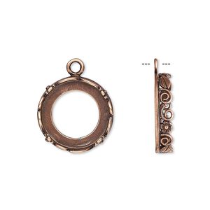 Drop, JBB Findings, antique copper-plated brass, 16mm round with open back and flower and leaf design trim, 14mm round bezel setting. Sold per pkg of 2.