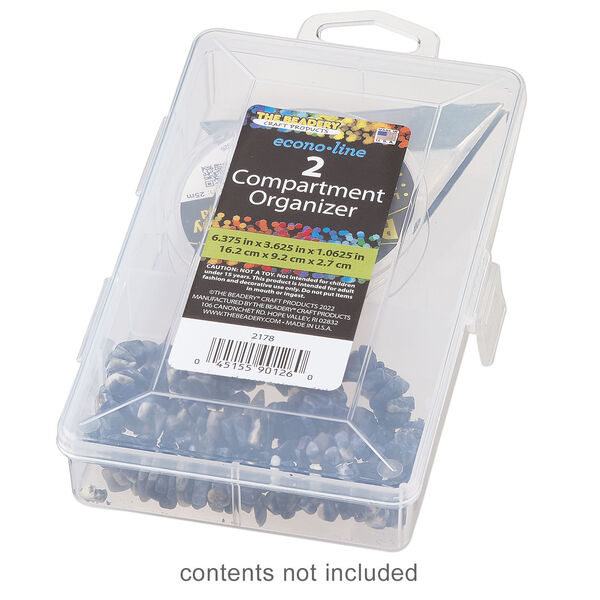 Organizer box, The Beadery®, 1pkg1, plastic, clear, 6-3/8 x 3-5/8 x 1 inches with 2 fixed compartments (2178). image number 1