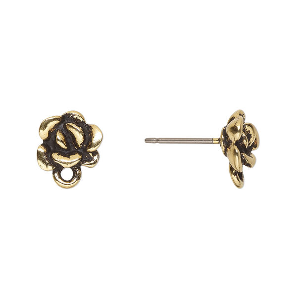 Earstud, TierraCast®, antique gold-plated pewter (tin-based alloy) and titanium, 8x7.5mm 3D succulent with closed loop and post. Sold per pair. image number 0