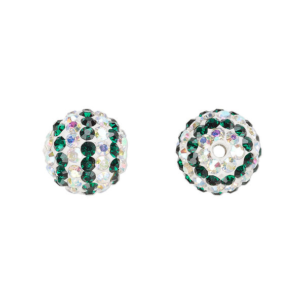 Bead, Egyptian glass rhinestone / epoxy / resin, white / dark green / clear AB, 12mm round with pavé striped design. Sold individually. image number 0