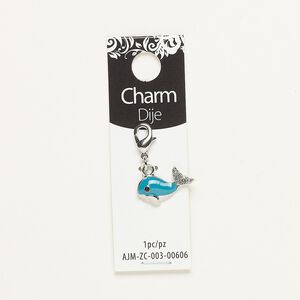 Charm, enamel / acrylic / silver-finished "pewter" (zinc-based alloy) / steel, clear / dark aqua / black, 15x9mm single-sided whale with lobster claw clasp. Sold individually.