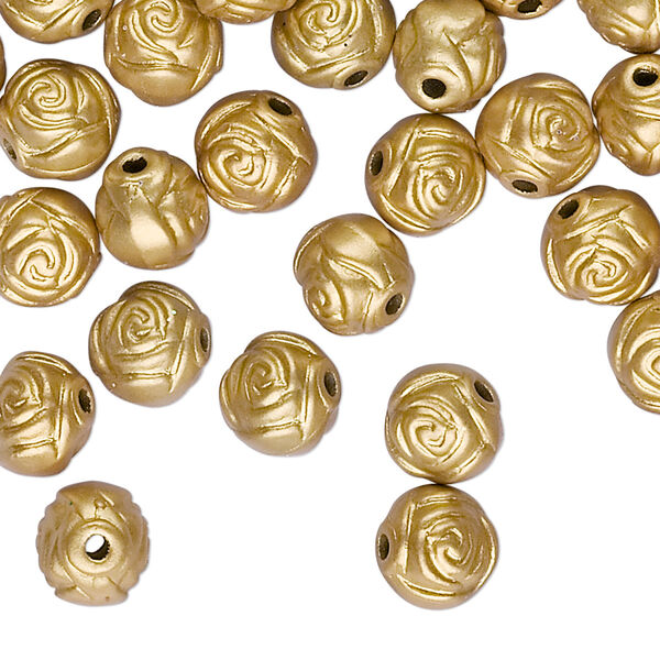 Bead, acrylic, opaque gold, 8mm round rose. Sold per pkg of 100. image number 0