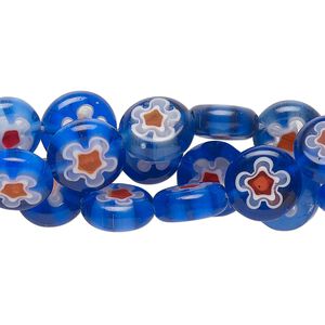 Bead mix, millefiori glass, translucent cobalt blue /red / white / clear, puffed flat round 10-11mm with flower design. Sold per (3) 14-inch strands.