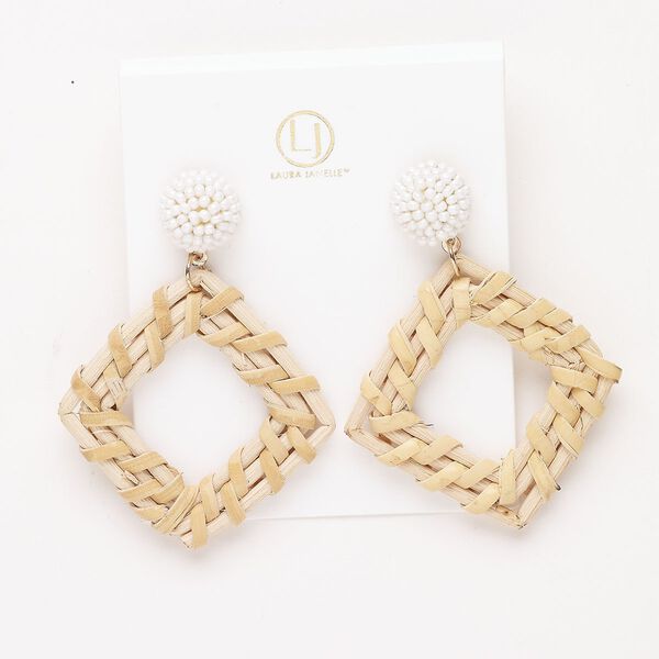 Earring 1pkg2, 2.5 inch woven diamond earstud / round / comfort clutch, gold-finished steel / glass / rattan white / brown 1 pair image number 0