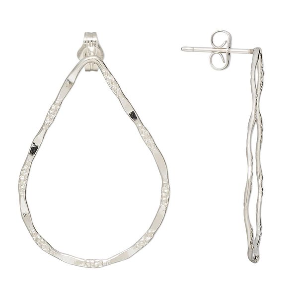 Earstud 1pkg2 sterling silver, 32x22mm hammered textured teardrop / earnuts, 1 pair image number 0