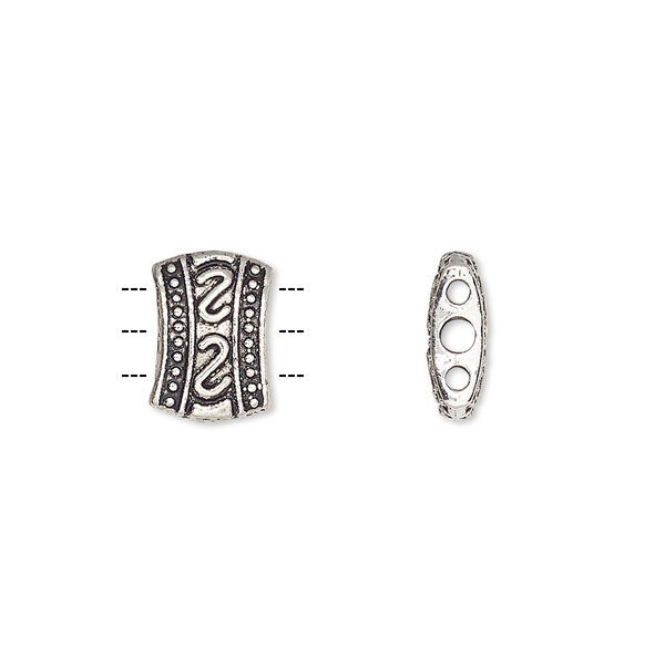 Spacer bar, antique silver-plated "pewter" (zinc-based alloy), 11x8mm 3-strand double-sided fancy barrel with double "S" design. Sold per pkg of 20. image number 0