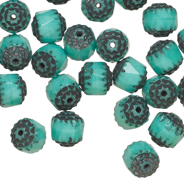 Bead, Czech glass 1pkg40, opaque turquoise blue and black, 8mm round cathedral. image number 0