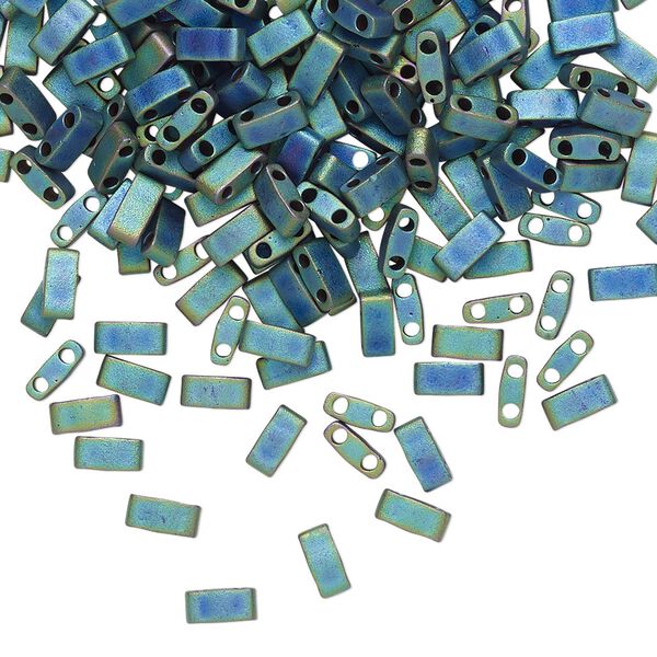 Seed bead, TILA®, glass, pkg/10g, 5x2.3mm half tila rectangle, opaque matte metallic iris blue, (HTL-2064). image number 0