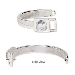 Bracelet component 1pkg1, glass rhinestone and silver-finished "pewter" (zinc-based alloy), clear, 7.5mm wide with 20.5x12.5mm buckle, 42x26mm inside diameter.