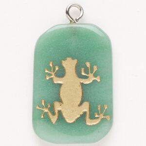 Focal, steel/green aventurine (natural)/enamel, pkg/1, silver finish and gold, 30x24mm-39x27mm single-sided puffed freeform with frog, B grade.