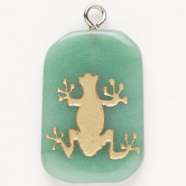 Focal, steel/green aventurine (natural)/enamel, pkg/1, silver finish and gold, 30x24mm-39x27mm single-sided puffed freeform with frog, B grade. image number 0