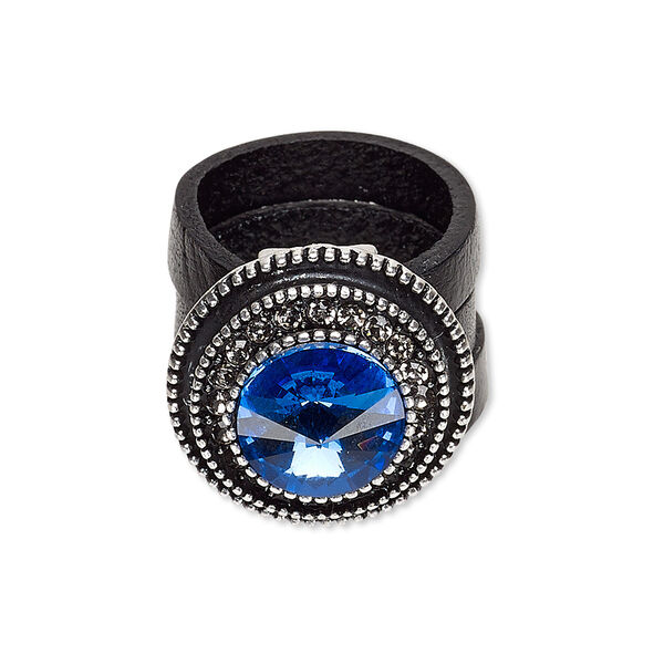 Ring, 3-strand, leather / glass / glass rhinestone / antiqued silver-finished "pewter" (zinc-based alloy), black / blue / clear, 23mm round, size 8. Sold individually. image number 0