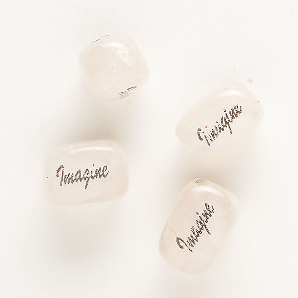 Bead, rose quartz (coated) and enamel, black, 18x13mm double-sided square tube with "Imagine," B grade, Mohs hardness 7. Sold per pkg of 4. image number 0