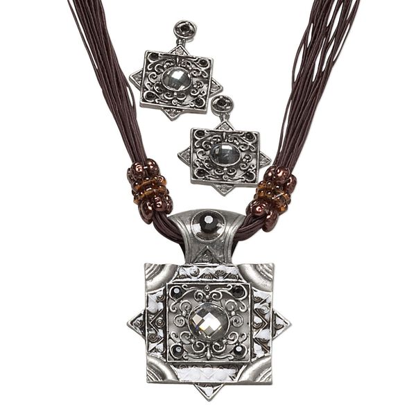 Necklace and earring set, nylon / acrylic / antique silver-plated pewter (tin-based alloy) / brass / steel, grey / brown / mauve, 57x44mm fancy square pendant on nylon cord, 16 inches with 2-inch extender chain and lobster claw clasp, 47x34mm earrings with stud. Sold per set. image number 0