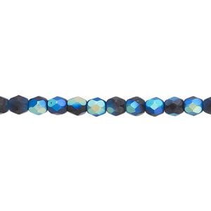 Bead, Czech fire-polished glass, opaque black half-coated matte AB, 4mm faceted round. Sold per 15-1/2" to 16" strand.