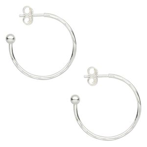 Earring hoop 1pkg4 sterling silver, 20x1.5mm / 3mm ball, diamond-cut 2 pair