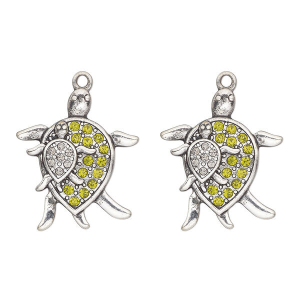 Charm, antique silver-finished "pewter" (zinc-based alloy) and glass, green and clear, 28x24mm single-sided sea turtle. Sold per pkg of 2. image number 0