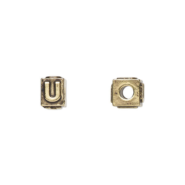 Bead, antique gold-plated pewter (tin-based alloy), 8x6mm rectangle with alphabet letter "U." Sold per pkg of 4. image number 0