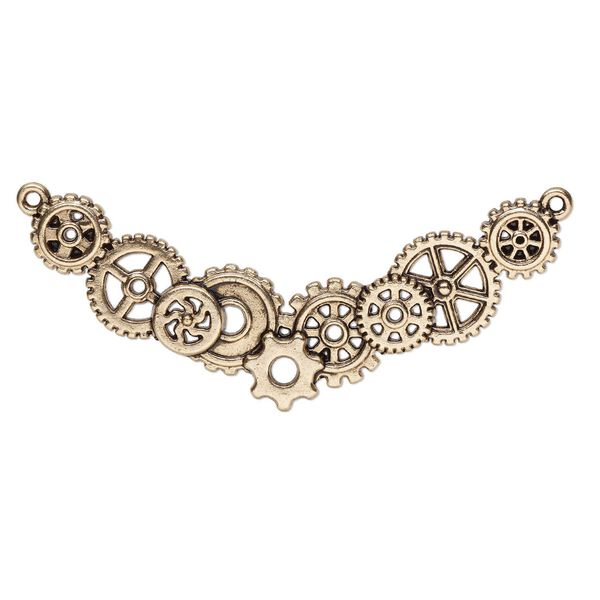 Focal, antique gold-finished "pewter" (zinc-based alloy), 3x1-1/4 inch single-sided with gears and 2 loops. Sold individually. image number 0