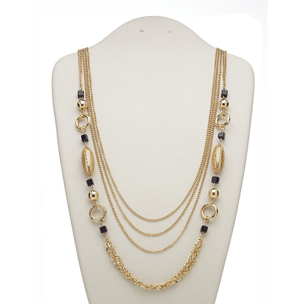 Necklace, 4-strand, acrylic / gold-coated plastic / gold-finished steel, black, 28 inches with 2-inch extender chain and lobster claw clasp. Sold individually. image number 0