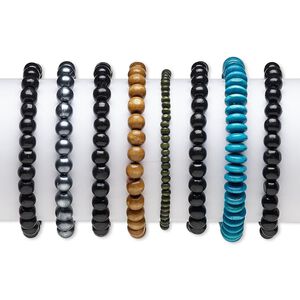 Bracelet, stretch, painted wood / stained wood / plastic, assorted colors, 4x3mm-9x6mm saucer and round,  6-1/2 inches. Sold per pkg of 8.