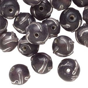 Bead, lampworked glass, translucent dark purple and silver, 10mm round. Sold per 2-ounce pkg, approximately 35 beads.