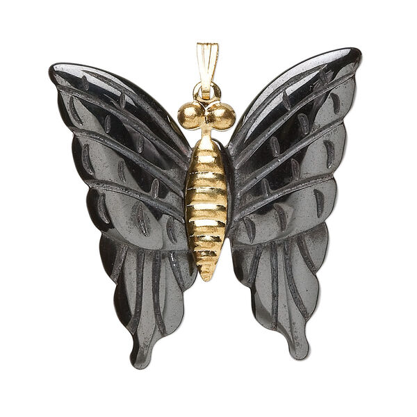 Pendant, Hemalyke™ (man-made) and gold- and/or silver-finished brass bail, 32x30mm butterfly. Sold per pkg of 2. image number 0