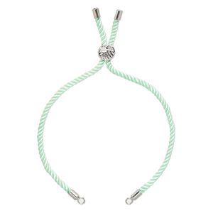 Bracelet component, nylon and imitation rhodium-finished "pewter" (zinc-based alloy), mint green, 3mm wide, 8-3/4 inches with 9mm flat round adjustable slider bead with tree of life design and 2 open loops. Sold individually.