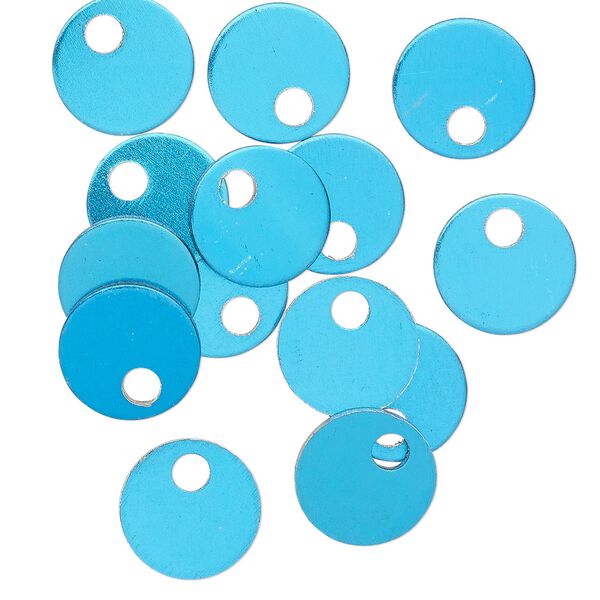 Drop, anodized aluminum, light blue, 9mm double-sided flat round blank with 2mm hole, 20 gauge. Sold per pkg of 20. image number 0
