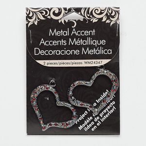 Focal, glass rhinestone and gunmetal-finished "pewter" (zinc-based alloy), multicolored, 57x35mm open heart. Sold per pkg of 2.