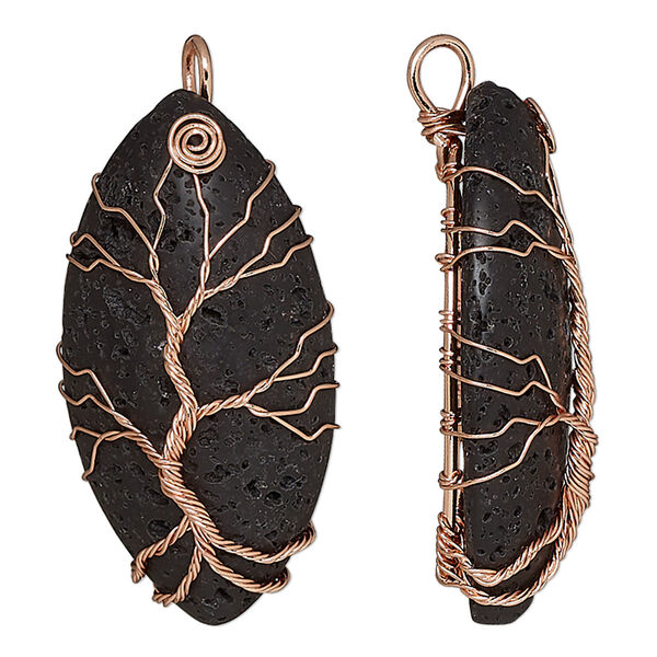 Pendant, lava rock (waxed) and copper-plated brass, 54x25mm-56x26mm single-sided puffed marquise with tree of life design. Sold individually. image number 0