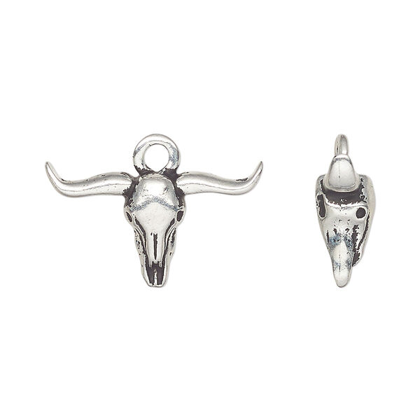 Charm, TierraCast®, antique silver-plated pewter (tin-based alloy), 22.5x13mm longhorn. Sold per pkg of 2. image number 0