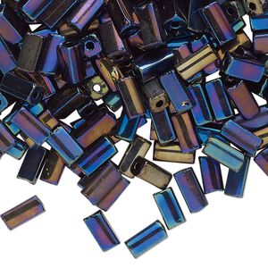 Bugle bead, AB glass, opaque jet, 7x3mm square tube. Sold per 50-gram pkg, approximately 800 beads.