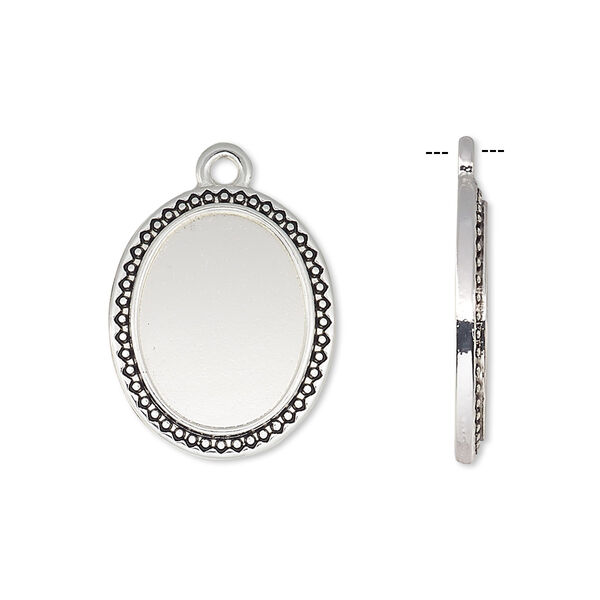 Drop, antique silver-finished "pewter" (zinc-based alloy), 21x17mm oval with beaded and triangle edge with 16x12mm oval setting. Sold per pkg of 6. image number 0
