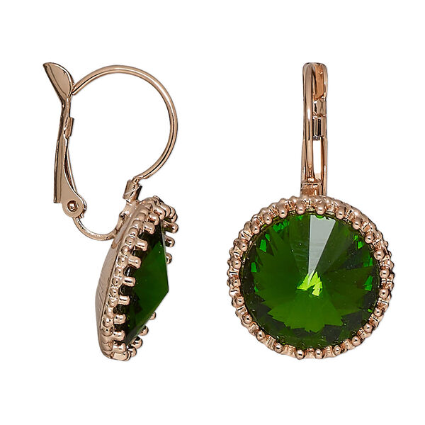 Earring, brass / "pewter" (zinc-based alloy) / glass, pkg/1 pair, 30mm round with leverback ear wire, rose gold-finished and green. image number 0