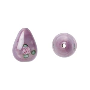Bead, Czech lampworked glass, opaque purple / pink / green, 14x10mm-15x11mm teardrop with flower design. Sold per pkg of 2.