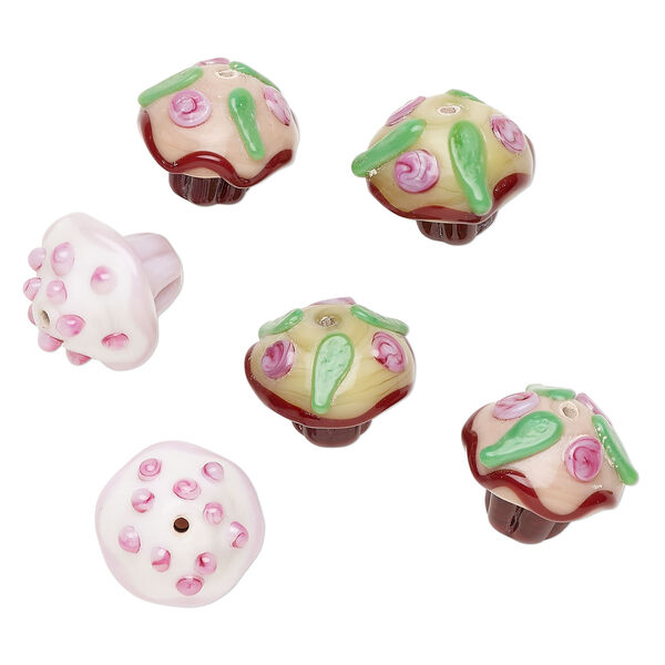 Bead assortment, lampworked glass 1pkg6, multicolored, 19x16mm 3D cupcake. image number 0