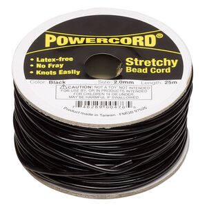 Cord, Powercord®, elastic, black, 2mm, 21.5-pound test. Sold per 25-meter spool.