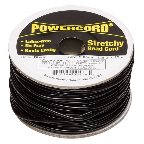 Cord, Powercord®, elastic, black, 2mm, 21.5-pound test. Sold per 25-meter spool. image number 0