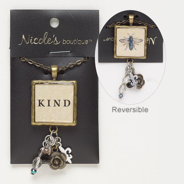 Necklace, glass / antique silver-finished "pewter" (zinc-based alloy) / antique brass-finished steel / copper-finished acrylic, multicolored, 65x28mm with two-sided square with "KIND" and bee design, 24 inches with lobster claw clasp. Sold individually. image number 0