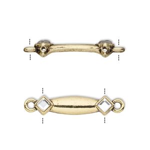 Link, glass rhinestone and antiqued gold-finished "pewter" (zinc-based alloy), clear, 24x6mm double-drilled bar with diamond design, fits up to 18mm bead. Sold per pkg of 10.