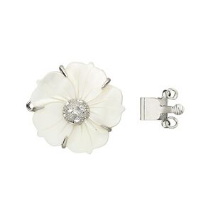 Clasp tab 1pkg1 nickel-plated / mother-of-pearl shell, 21x16mm-36x30mm flower, brass / rhinestone 3-strand