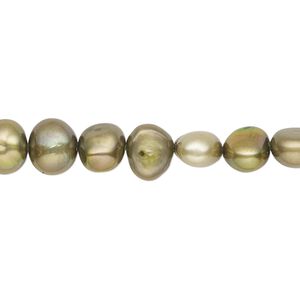 Pearl, cultured freshwater (dyed), olive green, 6-8mm flat-sided potato with 0.4-0.6mm hole, C- grade, Mohs hardness 2-1/2 to 4. Sold per 15-inch strand.