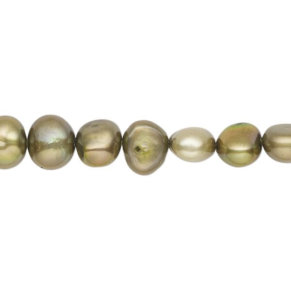 Pearl, cultured freshwater (dyed), olive green, 6-8mm flat-sided potato with 0.4-0.6mm hole, C- grade, Mohs hardness 2-1/2 to 4. Sold per 15-inch strand. image number 0
