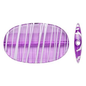 Bead, acrylic, semitransparent purple and white, 45x27mm flat oval with painted line design. Sold per pkg of 20.