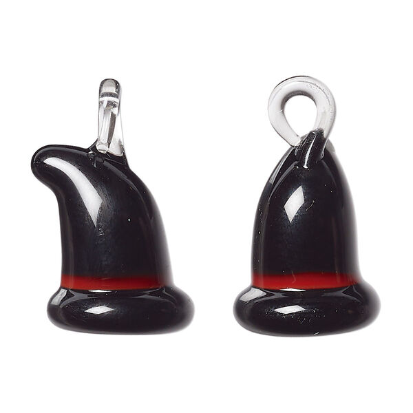 Drop, lampworked glass, black and red, 20x16mm witch hat. Sold individually. image number 0